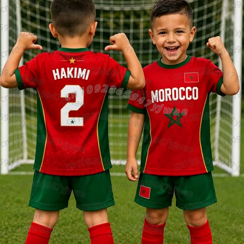 26 Boys Girls Morocco Soccer Fans Jersey Morocco Flag Hakimi 10 Print T-Shirt Shorts Set Tracksuit 2 Pieces Set Child-Parent Set