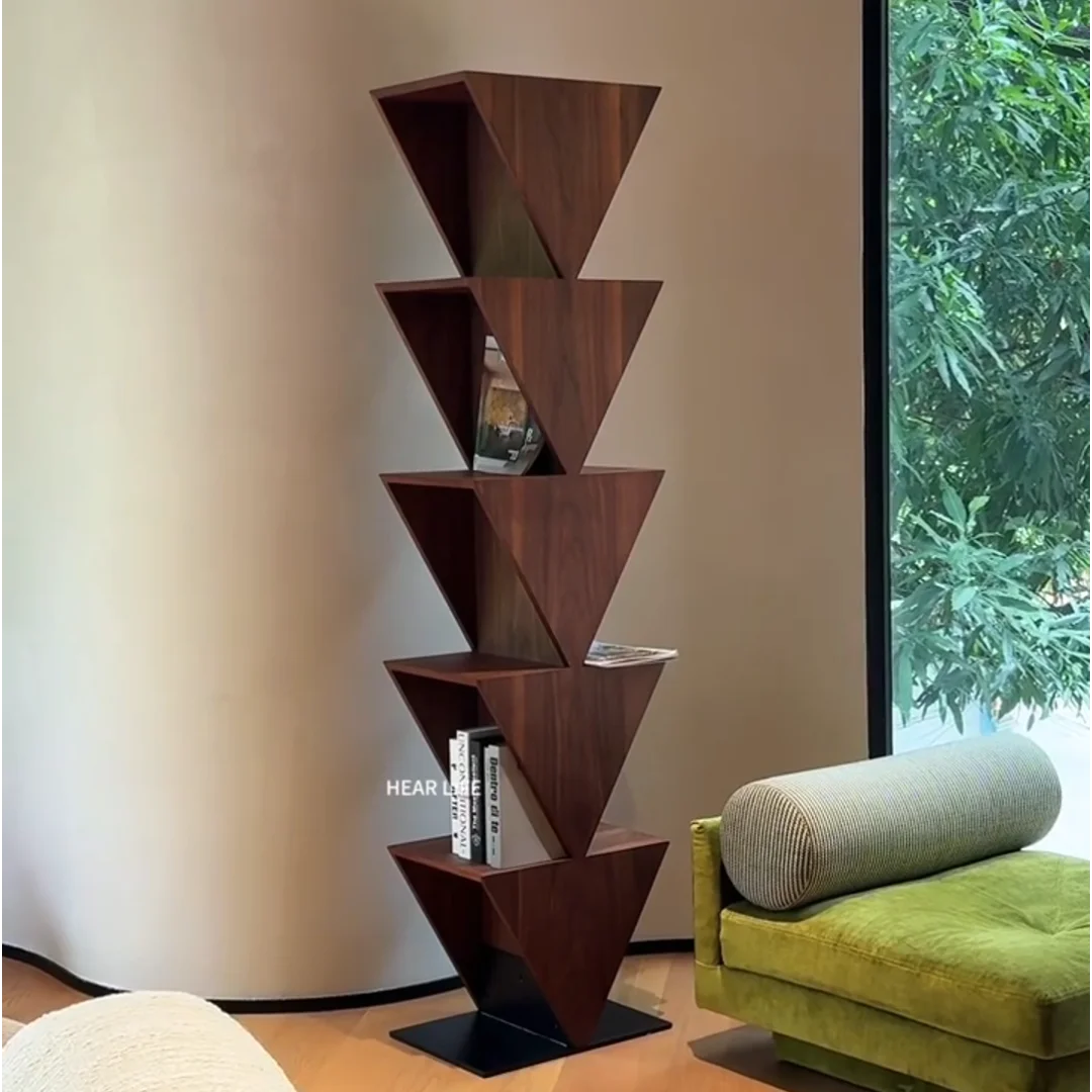 New medieval wabi-sabi wind triangle solid wood integrated bookshelf shelf designer creative living room storage bookshelf