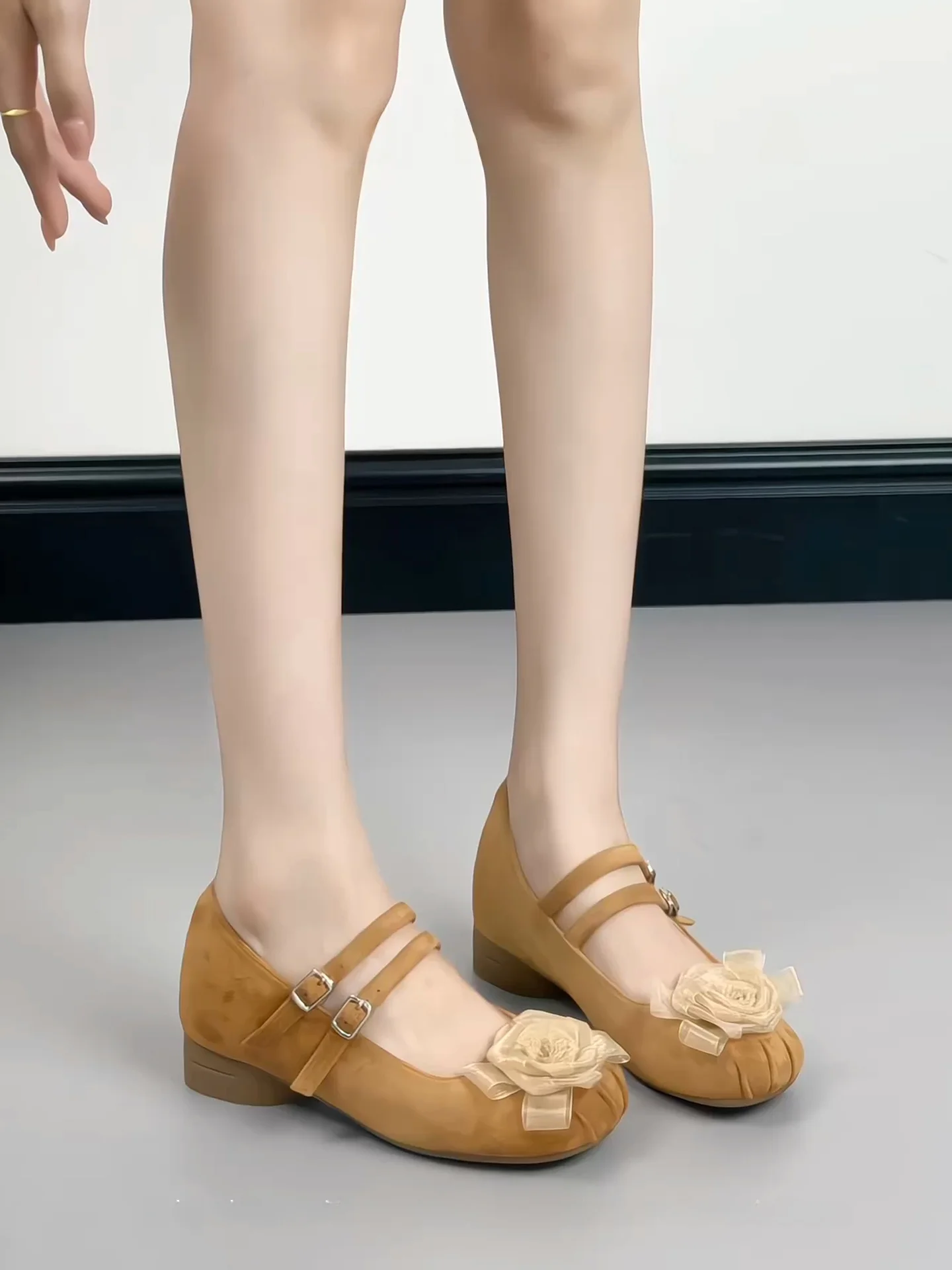 lamb-leather-mary-jane-women's-shoes-7cm-heel-fashionable-ballet-flat-shoes-korean-style-round-toe-anti-slip-rubber-sole