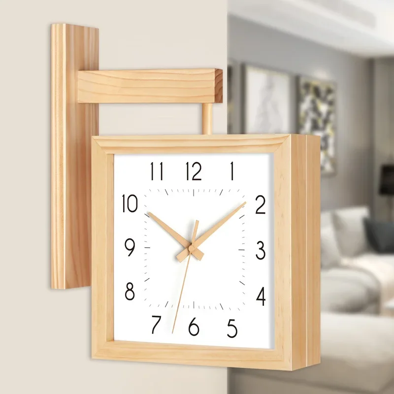Nordic square wall watch living room home creative double-sided wall clock modern simple two-sided clock solid wood silent clock
