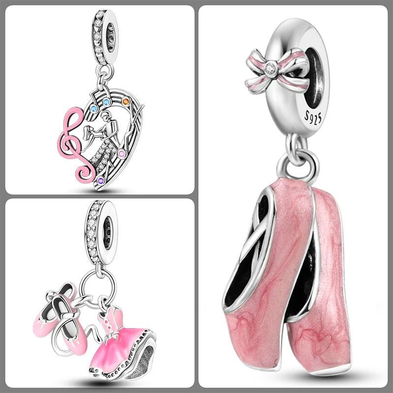 3-teiliges Ballett-Charm-Set aus 925er Sterlingsilber, Ballerina-Tanzschuhe, rosa Perlen, DIY-Armband, Halskette, Geschenk für Frauen und Mädchen – Detail 3