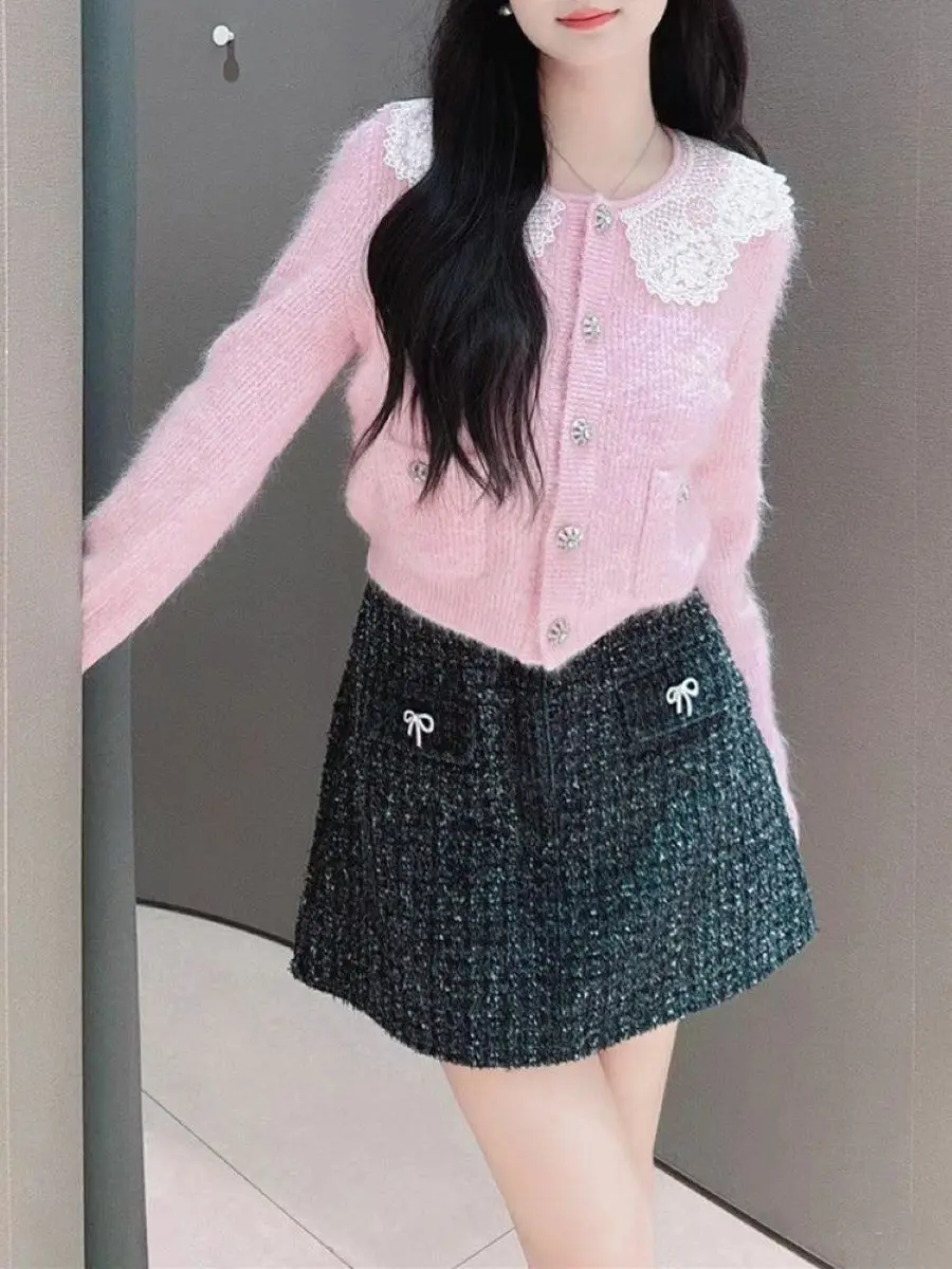 Autumn Winter Women Pink Knitted Set Lace Spliced O-Neck Long Sleeve Cardigan or Rhinestone Buttons High Waist Mini Skirt