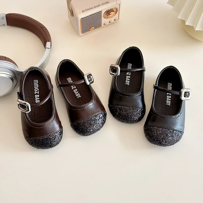 

Girls Soft Bottom PU Leather Shoes All-match Black Brown First Communion Party Dress Shoes Girl Glitter Toe Newborn Shoes
