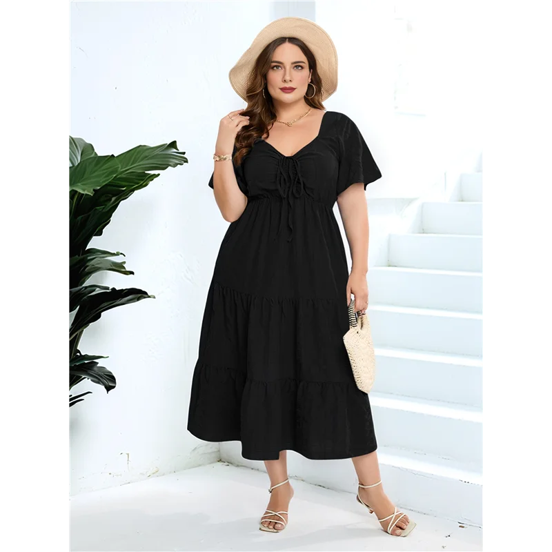 ASDS-Womens Plus Size Summer 2025 Midi Maxi Dresses Short Sleeve Sweetheart Neck Elastic Waist Boho Beach Dress