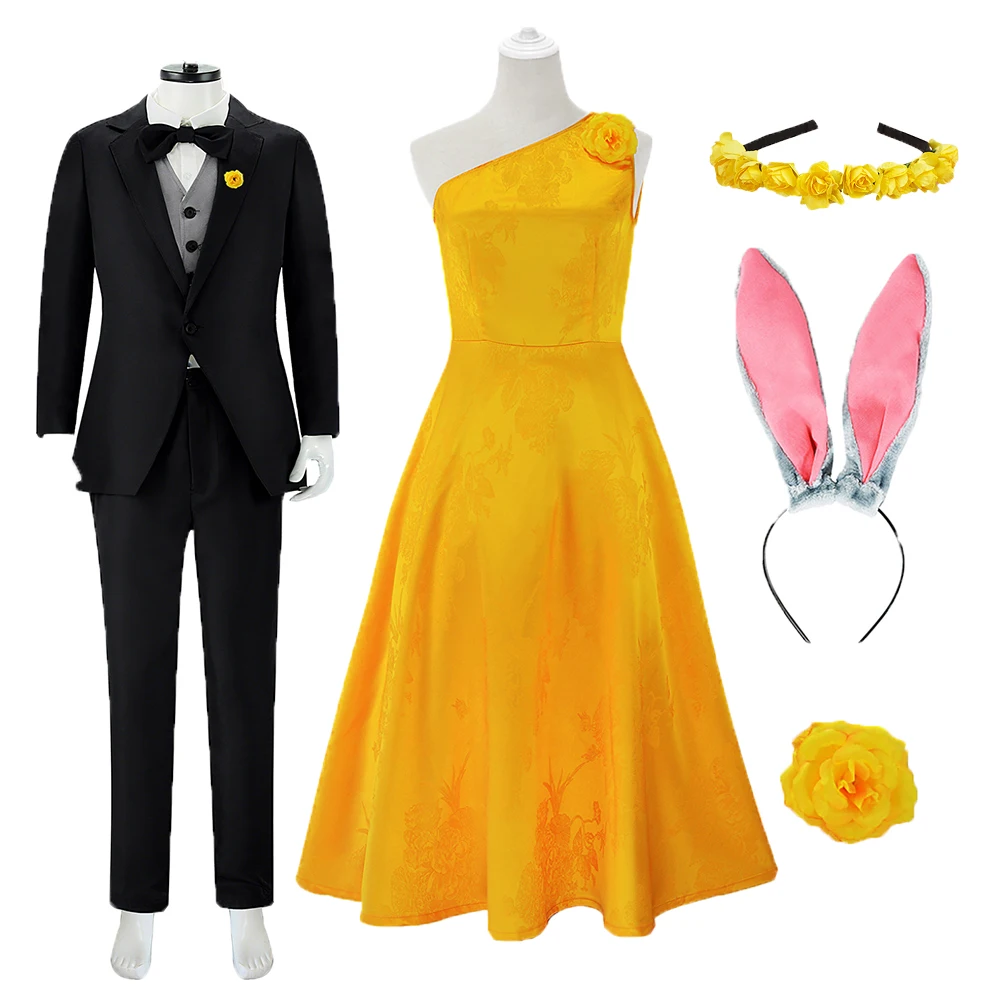 

Cartoon Zoo Nick Wilde Cosplay Black Suit Judy Hopps Roleplay Yellow Dress Headwear Outfits Halloween Carnival Party Clothing