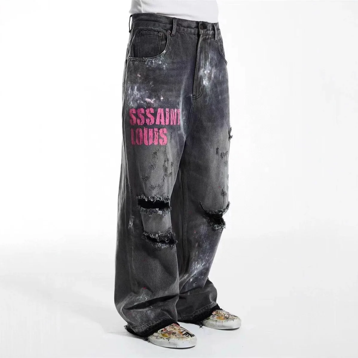 

SSSAINT LOUIS Denim Straight Leg Midrise Casual Pants - Hole-Ridden Letter Design - Men's and Women's - American Style Chic