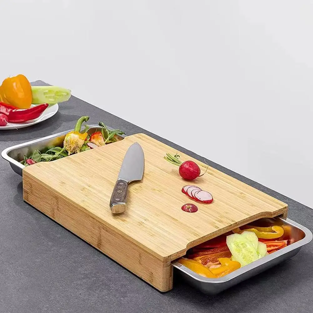 Bamboo Cutting Board With Stainless Steel Storage Hidden Slide Easy Cleaning Drawers With Kitchen Non-Slip Tray Out Tool 2 B7J7