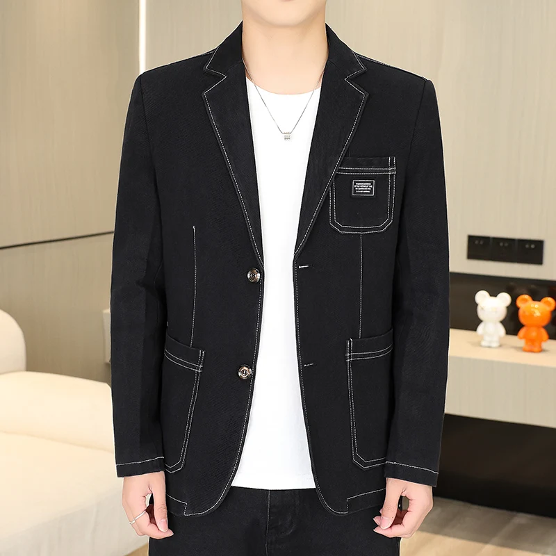 

Stylish Men Black Blue Denim Blazer Notched Collar Fitting Suit Jacket Menswear Autumn New Arrival Clothes Leisure Attire