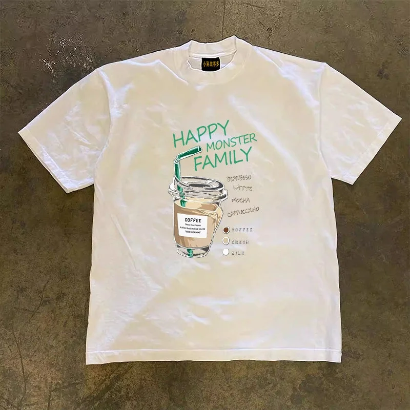 Double Thread Pure Cotton Short Sleeve T-Shirt Loose Fit Unisex Breathable Summer Fashion Coffee Cup Print round Neck Tee