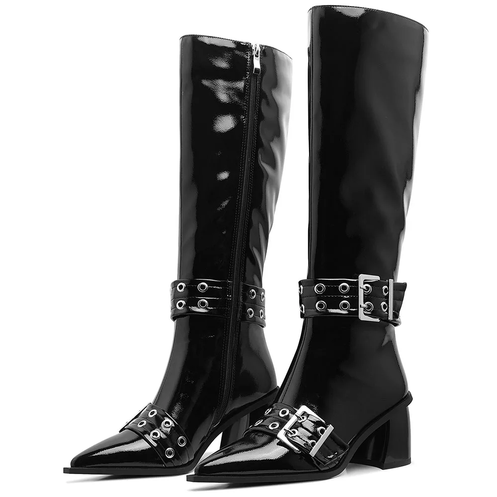 

Chunky High Heel Pointed Toe Motorcycle Boots Side Zipper Buckle Patent Mid-calf Boots Fashion Street Snap Cool Punk Y2k Shoes