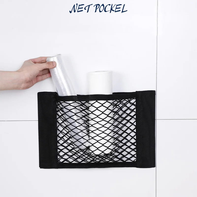 Stick-on Storage Net for Garbage Bag ,Kitchen Cabinet Door Storage Pocket, Plastic Bag Organiser, Car Storage Mesh Pocket