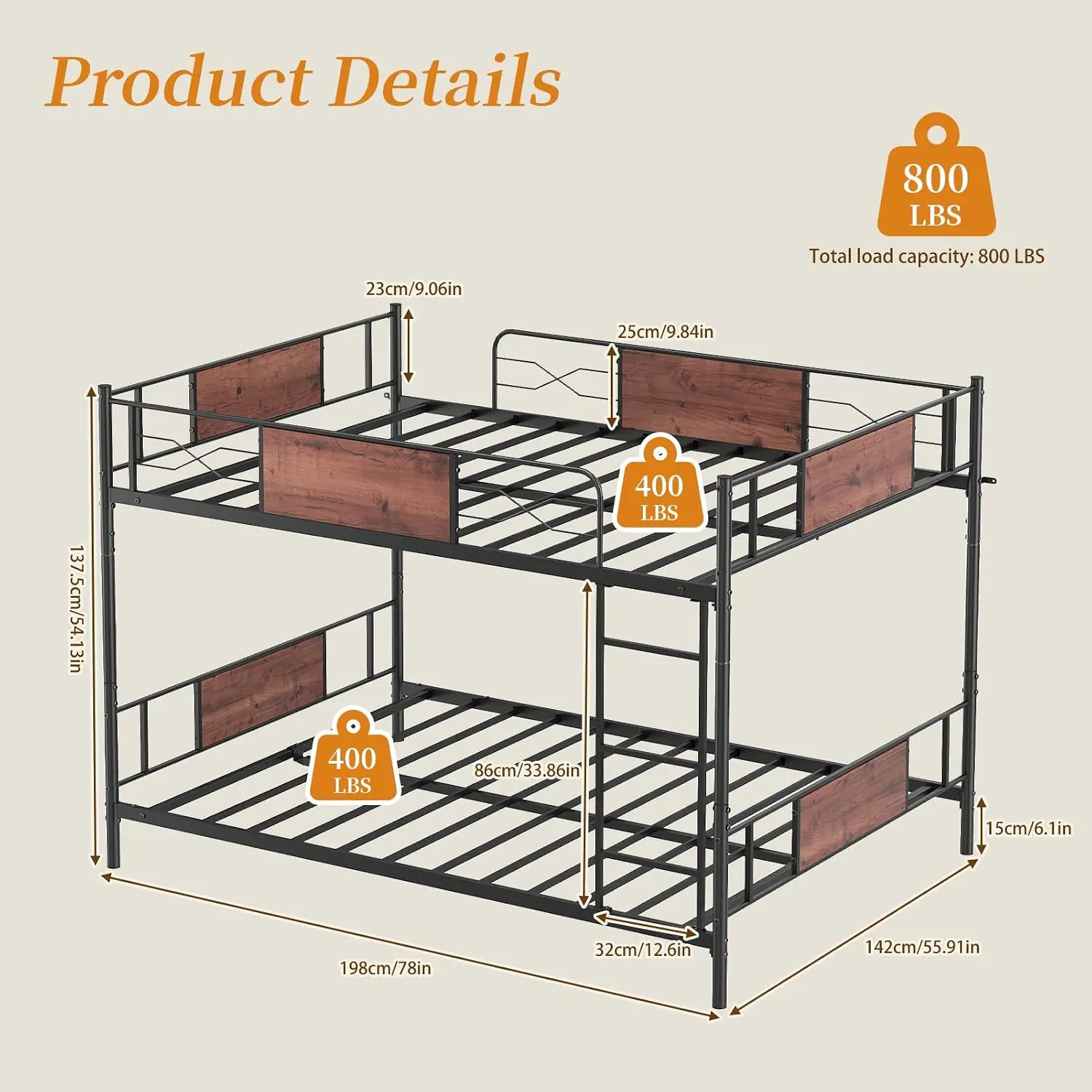 Metal Full Over Full Bunk Bed, Convertible to 2 Separate Full Size Beds | Detachable Metal Frame with Guardrail &, Customized
