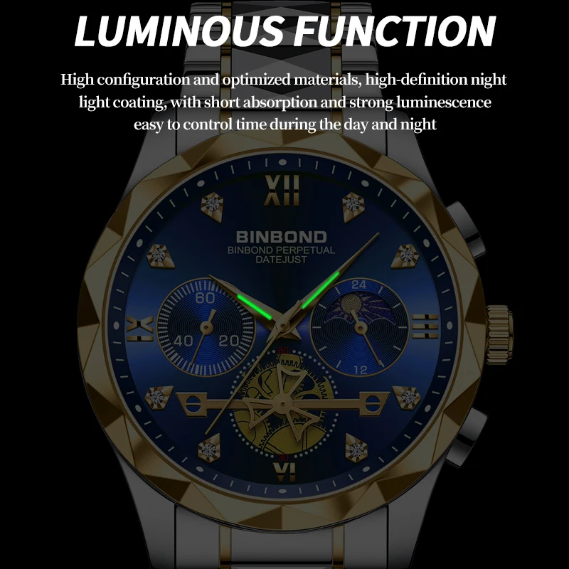 BINBOND orologio di lusso per uomo 30M impermeabile luminoso data settimana orologio da uomo in acciaio inossidabile cronografo Casual orologi da