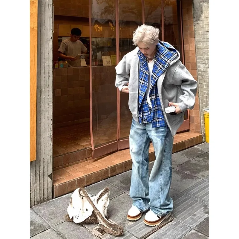 

Autumn Winter Korean Style Fake Two Piece Zip Up Hooded Sweatshirt for Men Y2k Fashion Oversized Loose Hooded Jacket Streetwear