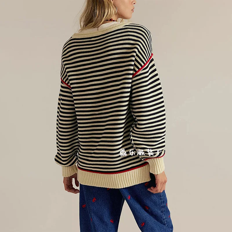 Fashion Knitted Striped Casual Women's Pullover Tops Autumn Winter Loose Patchwork Simple Versatile Pullover Sweater Ladies 2025