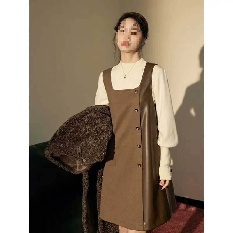 

Brown Little Chanel Style Square Neck Vest Dress for Women2024Autumn Winter New Small Petite Straight Leather Skirt with Straps