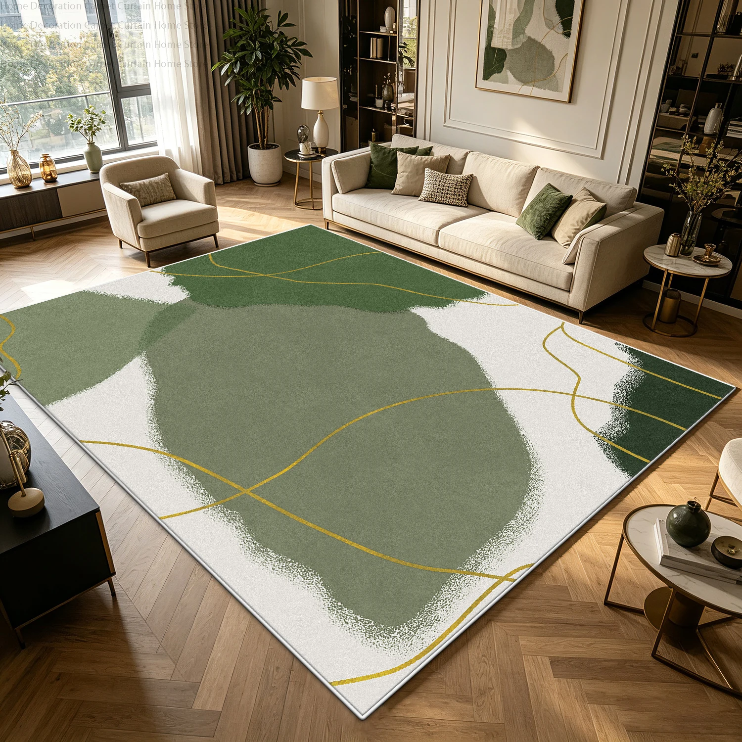 Modern Minimal Green Cream Abstract Carpet for Large Living Room Bedroom Rugs Soft Fluffy Non-slip Washable Lounge Floor Mats