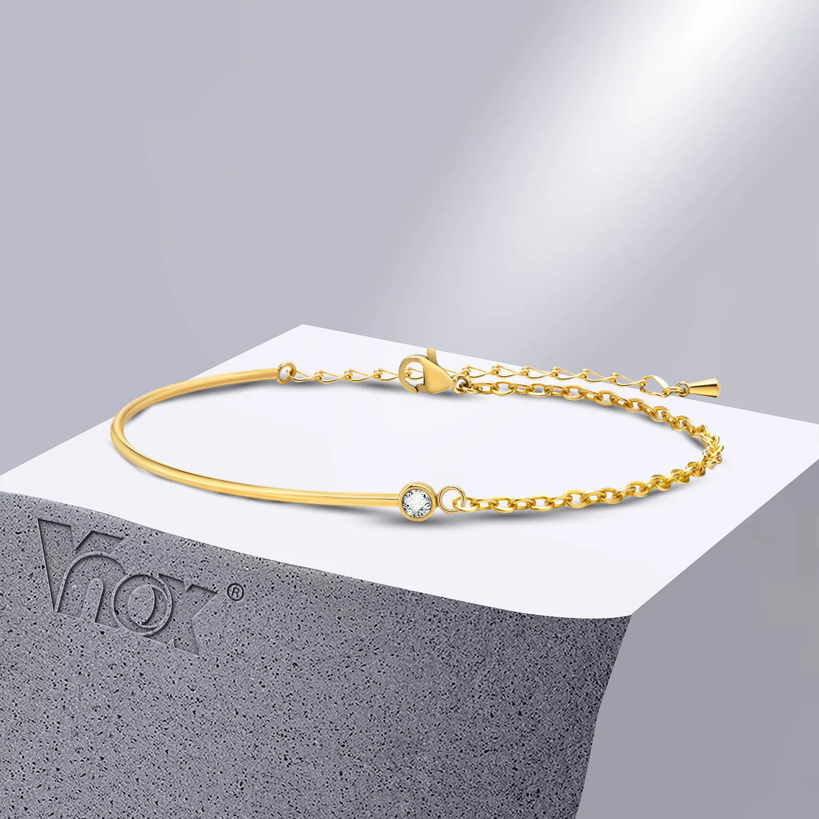 Vnox Thin Chain Bracelets for Women, Gold Color Stainless Steel Spliced Links Wristband with Bling Cubic Zirconia