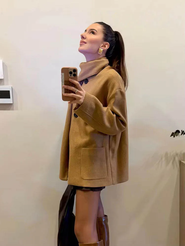 HH Women Fashion Versatile Blended Scarf Round Neck Long Sleeve Jacket Coat Woman Elegant Warm Pocket Design Outwear 5-Color
