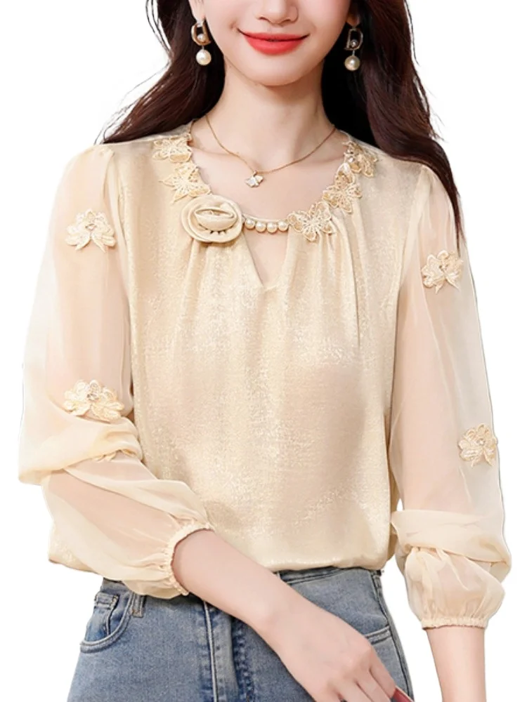 

Spring Women Chiffon Blouse French Style Pearl Embellished Round Neck 3D Floral Lantern Sleeve Top