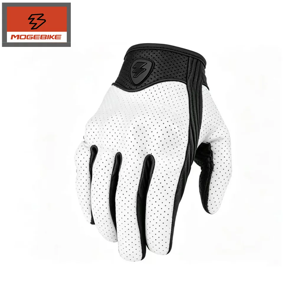 

White Leather Motorcycle Gloves Men Women Breathable Perforated Motorbike Racing Gloves Touchscreen Anti-slip Retro Motobiker