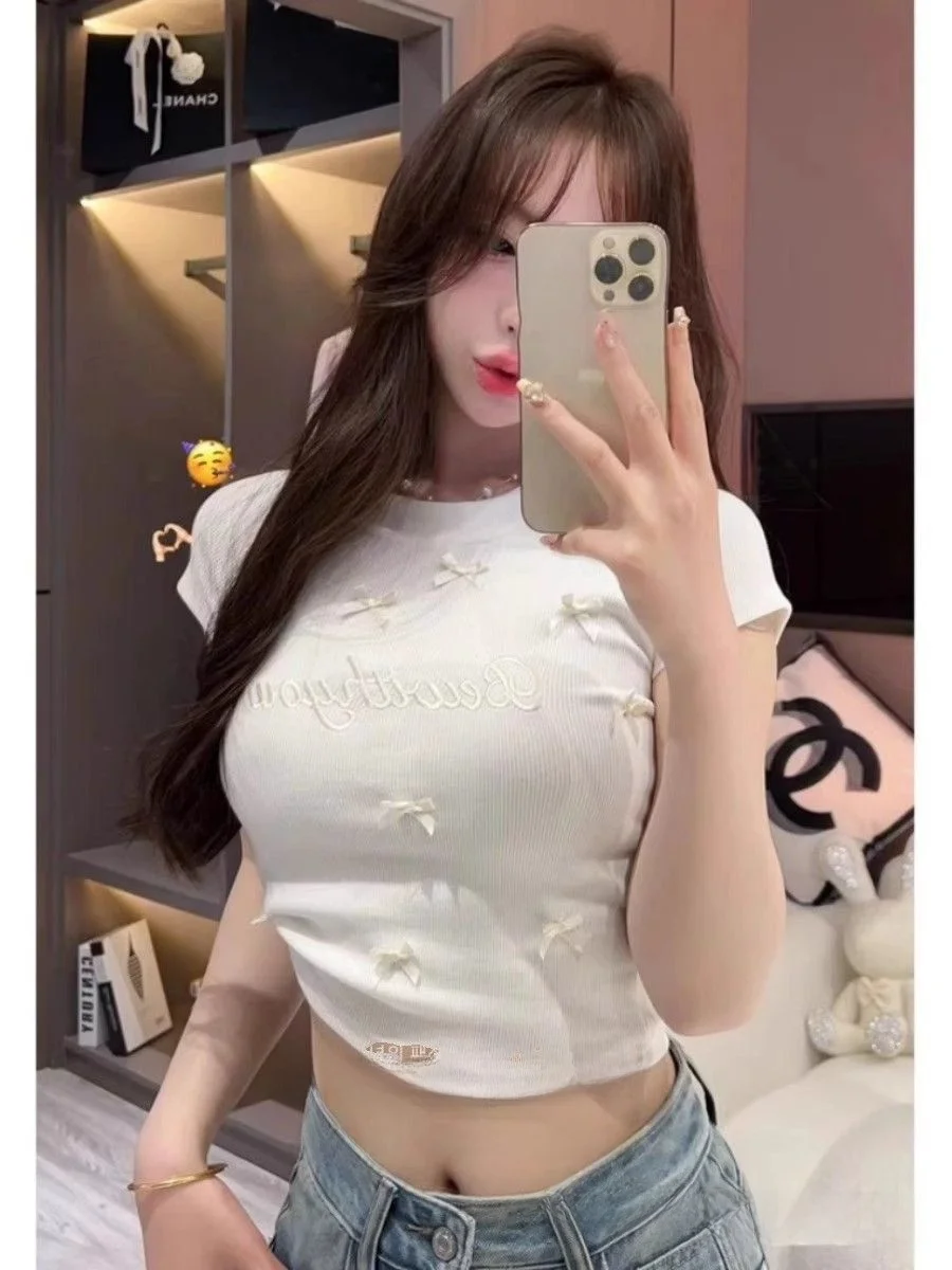 Pink  Knot Short Sleeve T-Shirt Women's Summer Slim Fit Shoulder Line Embroidery Top Korean Style Creative Design