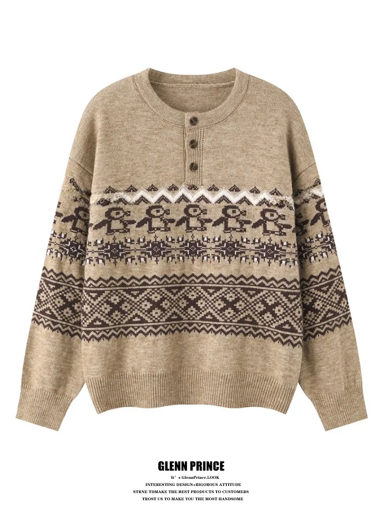 

Мужской свитер с узором «Пингвин» в стиле Fair Isle, осенне-зимний, винтажный, с воротником «Генри», повседневный, свободного кроя, с длинными рукавами, для пар