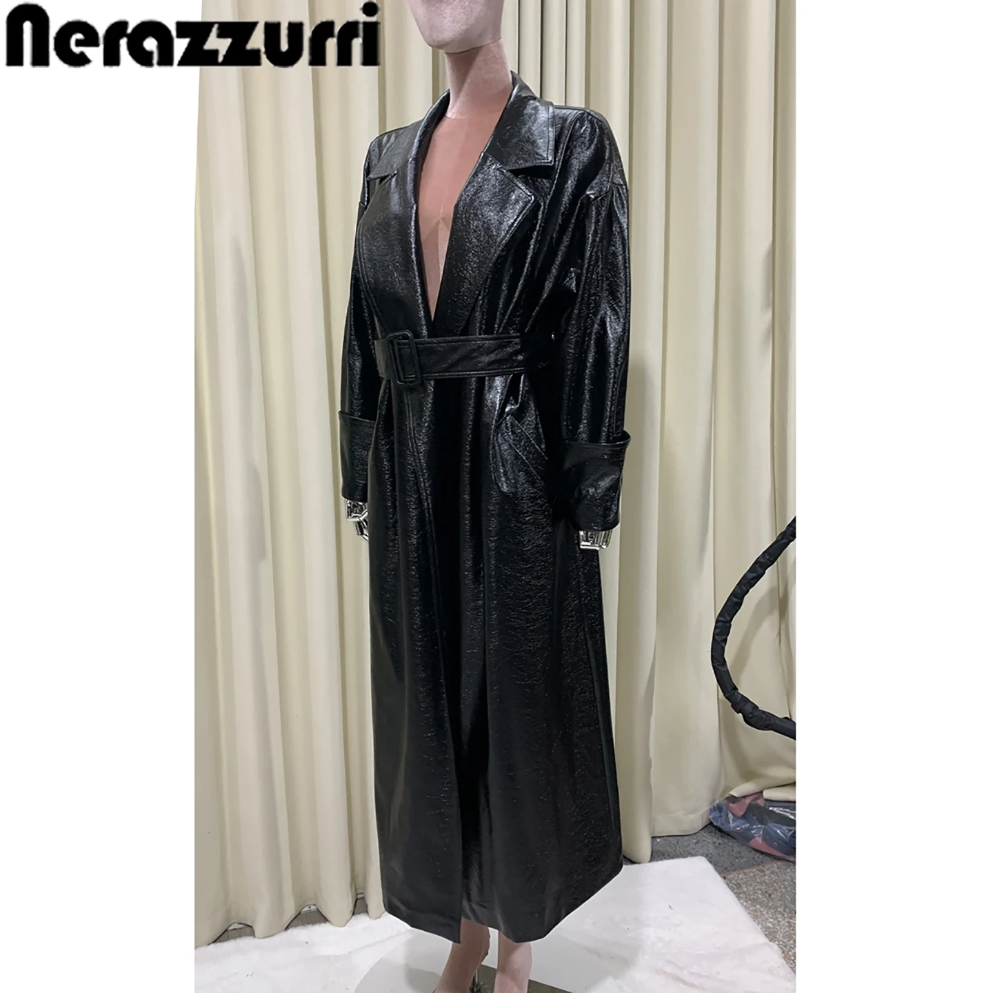 Nerazzurri Elegant Long Black Soft Leather Jacket Women's Loose Fit Windbreaker High Gloss PU Material No Fur Collar Versatil...