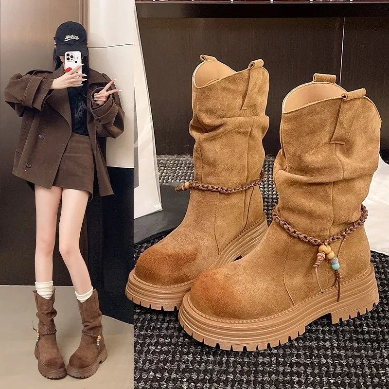

2025 Autumn Winter Fashion Boots Women's Chunky Heel Short Boots Thick Bottom Booties Retro Style round Toe Rubber Sole