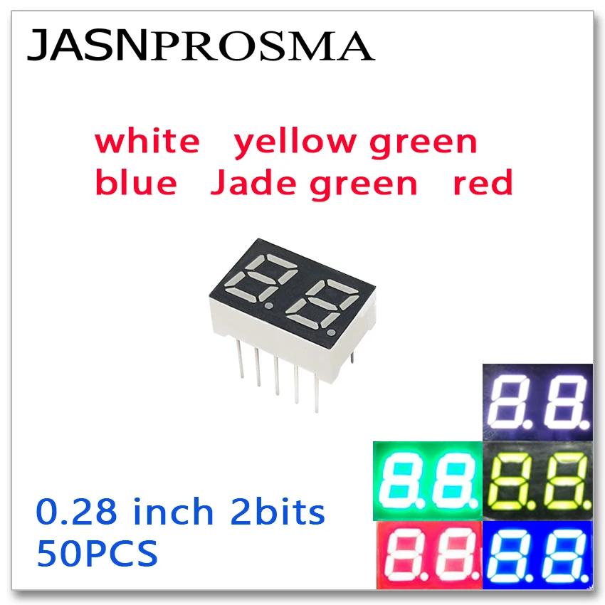 Jasnprosma 50 peças 0.28 polegadas 7 segmentos 2 bits tubo de dígito vermelho amarelo jade verde azul branco cátodo comum ânodo display led 0.28 polegadas