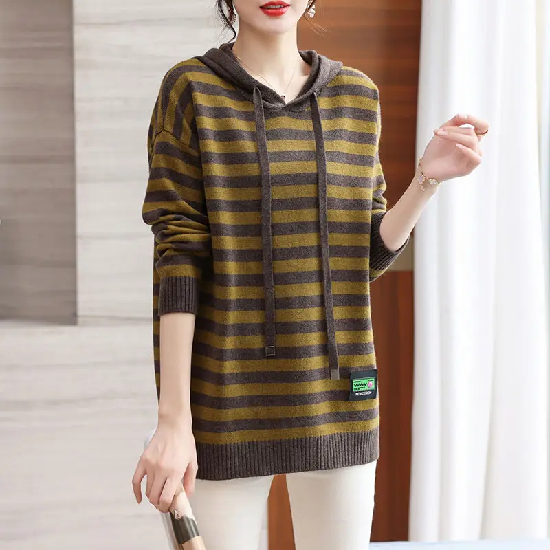 

New Autumn and Winter Mid-length Hooded Sweater for Women Loose Stripes and Versatile Fashionable Top Base Knitted