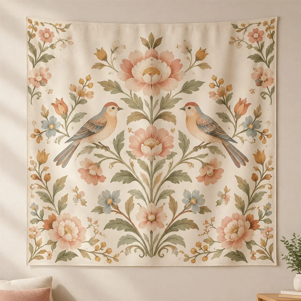 VIKAMA Korean Folk Bird Flower Center Panel Tapestry Wall Hanging, Korean Wall Art Tapestries for Bedroom Living Room Study Dorm