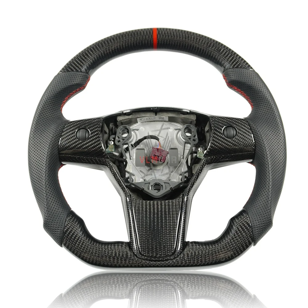 Carbon Fiber Steering Wheel For Tesla Model 3 Model Y Upgrade Custom Sport Flat Bottom Racing Style Interior Modification