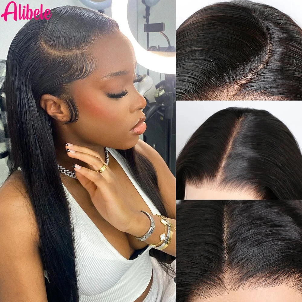 

ALIBELE Human Straight Hair Lace Front Wig Straight Transparent Lace Frontal Wig Pre Plucked Natural Black For Black Women