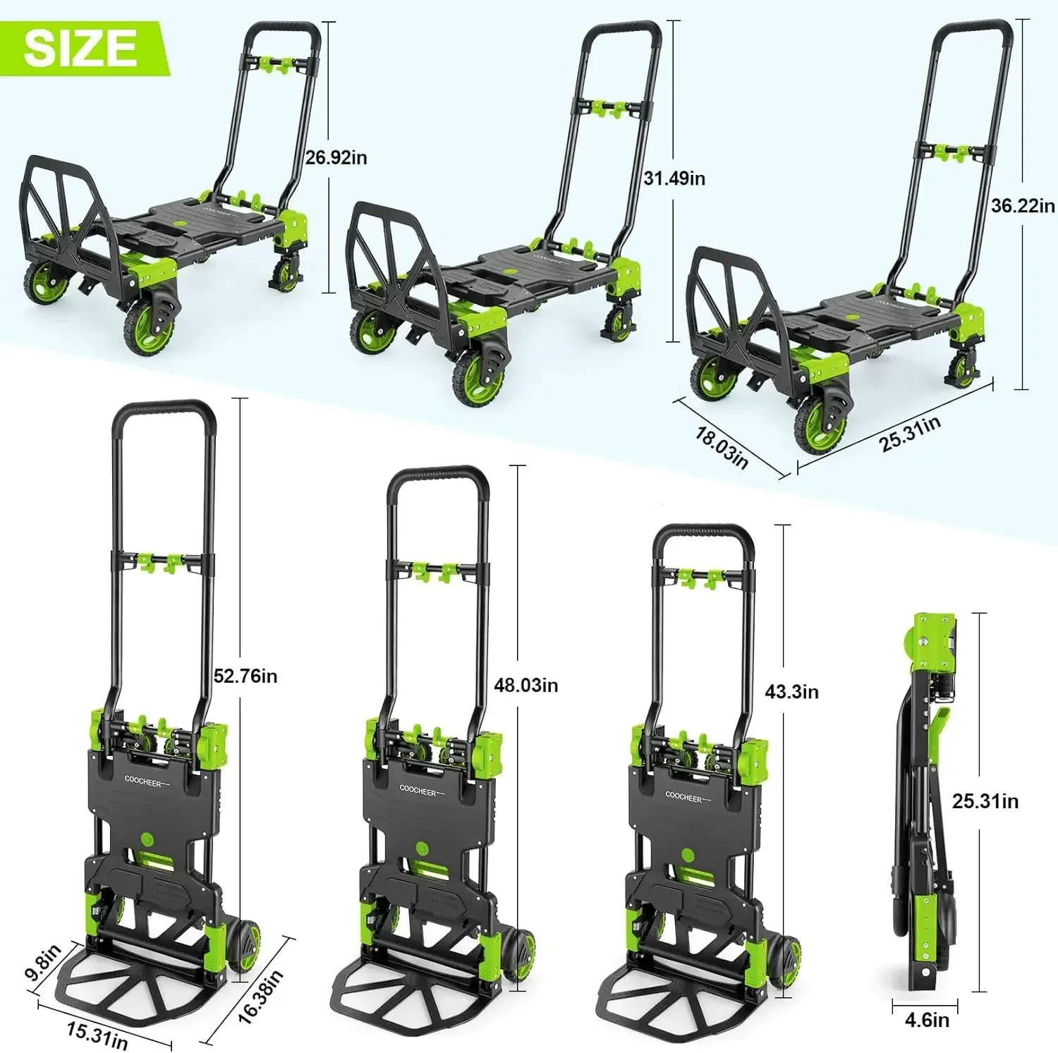 330LB  Truck Heavy Duty Carrying, Combination of Four Wheels and Two Wheels Convertible Dolly Cart with Retractable Handle Dolly