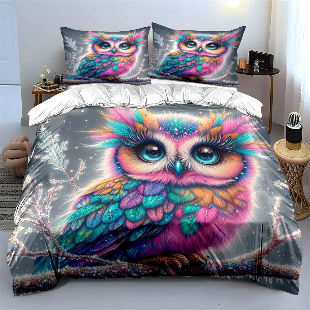 Vivid-feathered owl perched on icy branch Duvet Cover Set with 3D Printing Design Soft Polyester Bedding Set All-Season Comfort