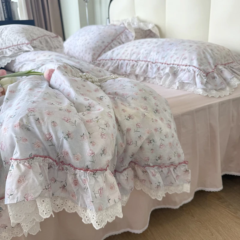 100% Cotton Rose Floral Print Lace Ruffle Bedding Set Duvet Cover Bed Skirt/Bed Sheet Pillowcase Vintage Cottage Style Bed Linen