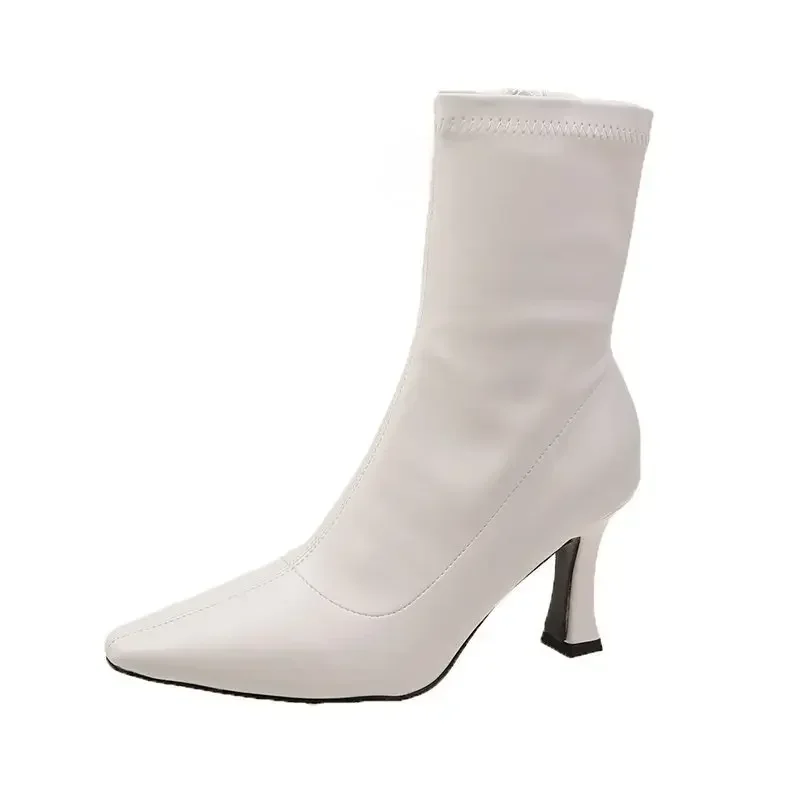 2024Autumn Sexy Women Ankle Boots Thin High Heel Fashion Pointed Toe Zip Winter Shoes Soft Leather Short Booties Black Beige