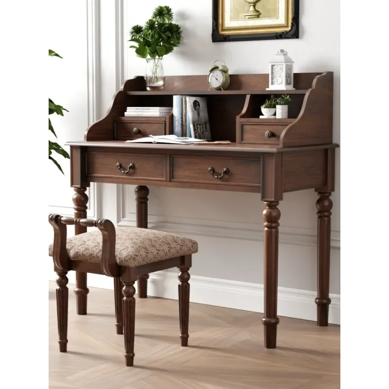 European dresser, dressing table, bedroom small combination writing desk, American solid wood desk, retro integrated bookshelf