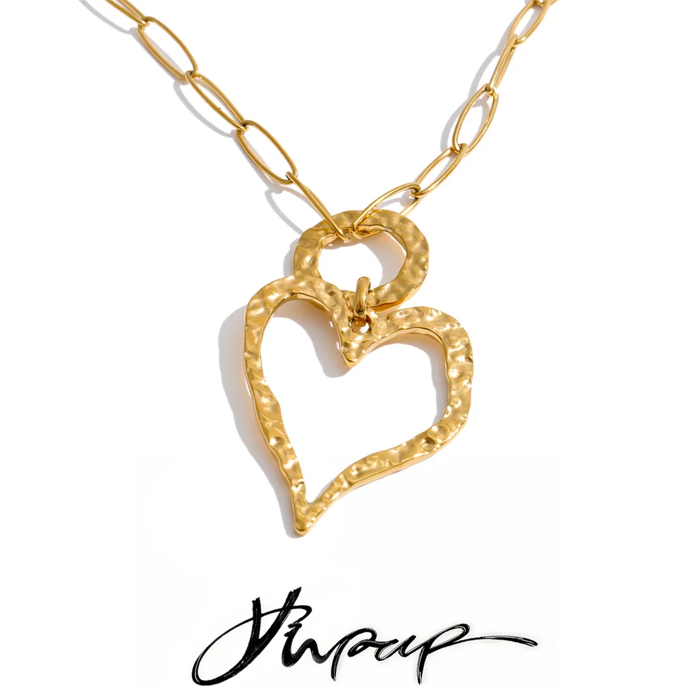 Yhpup Stainless Steel Hollow Heart Love Pendant Necklace 2026 Gold Color PVD Plated Charm Stylish Jewelry Textured Fashion Gift