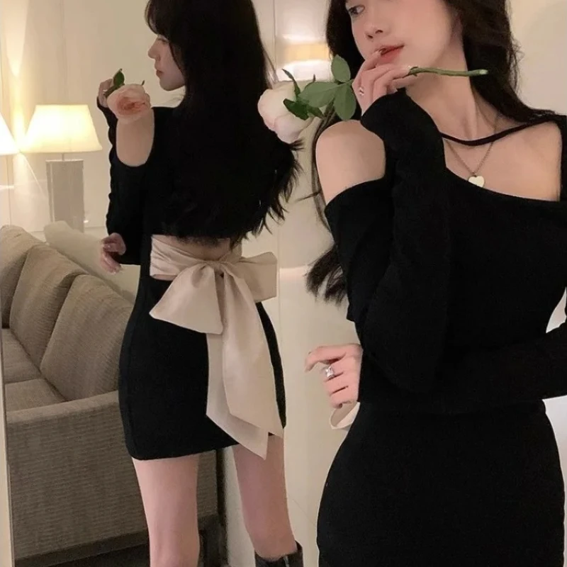 Black Sensual Sexy Dresses for Women Retro Elastic On Sale Clearance Elegant Party Pretty Promotion Woman Long Sleeve Dress Bow