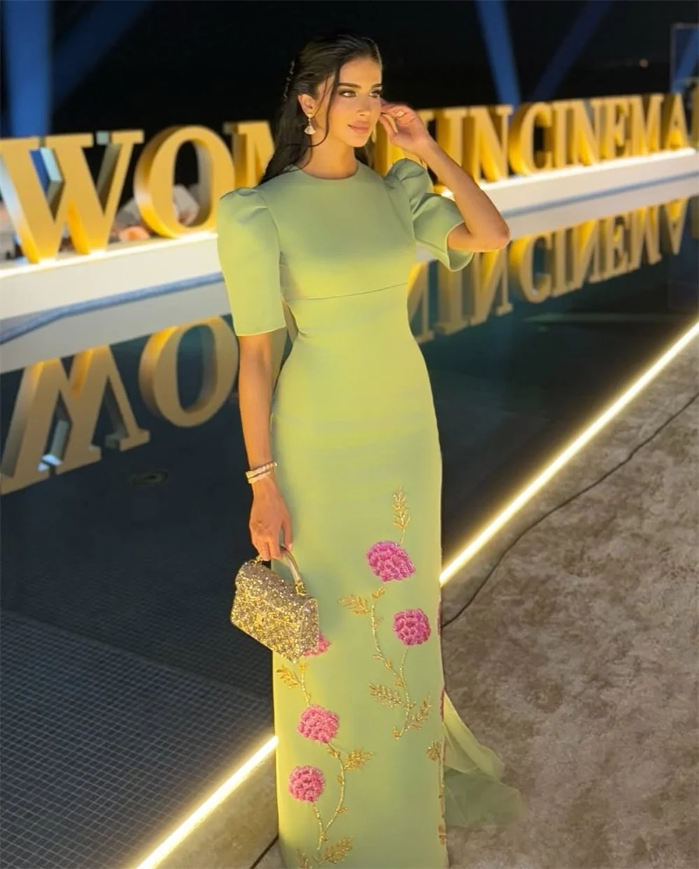 Bella Customized Round neck Green Embroidered Mermaid Evening gown Gala Dress Hourglass Floor-length Wedding guest dress 2026
