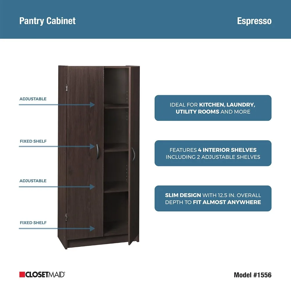 Pantry Cabinet Cupboard with 2 Doors, Adjustable Shelves Standing, Storage for Kitchen, Laundry, or Utility Room, Espresso