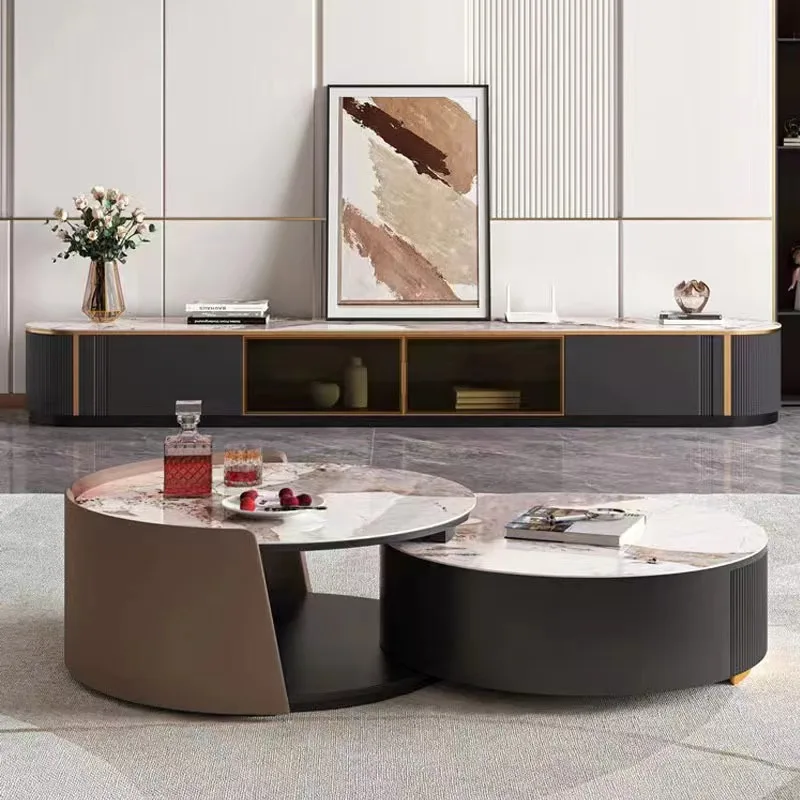 Light luxury rock slab round coffee table TV cabinet combination modern simple size round