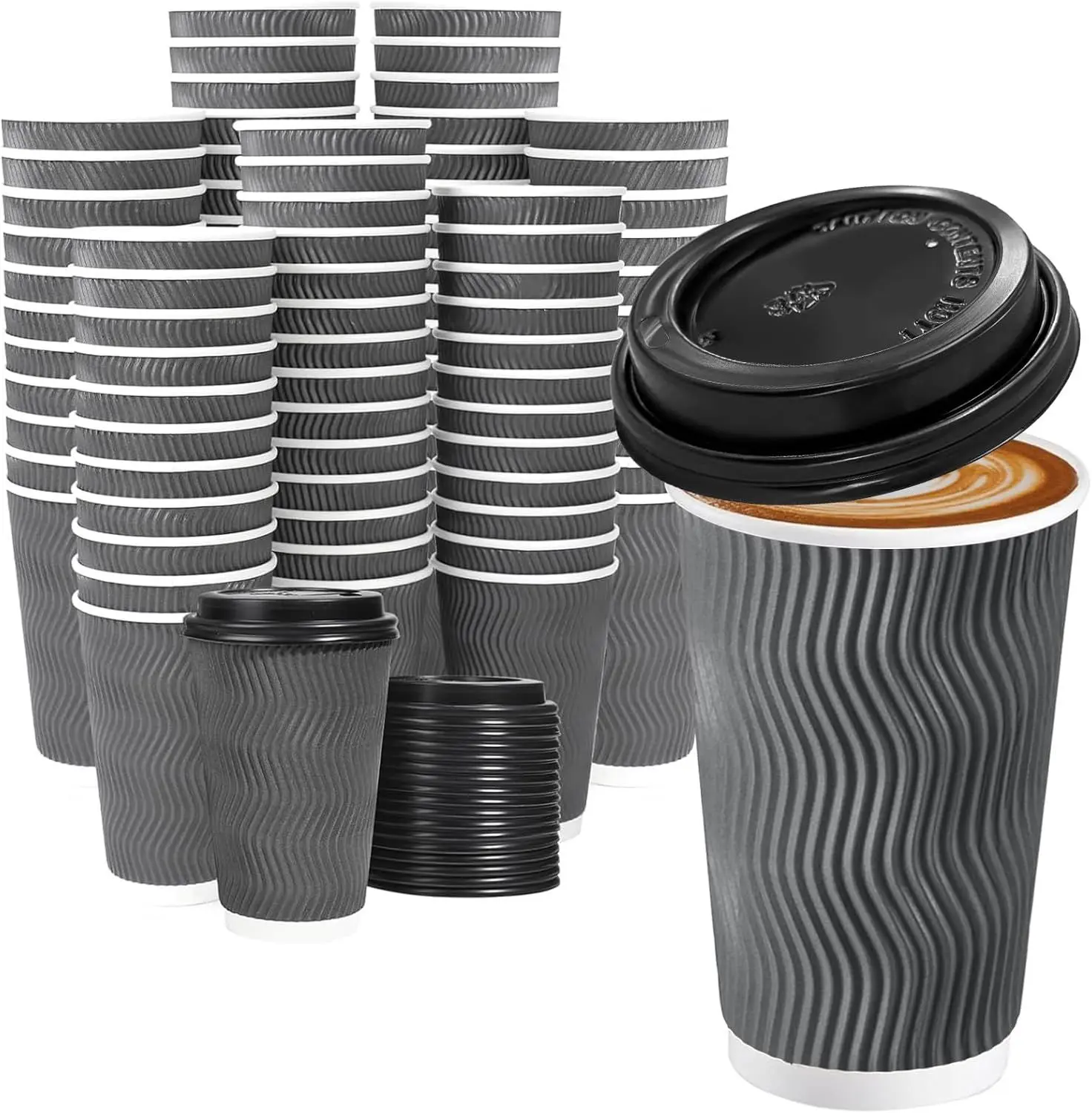 500 Pack - 16 oz Insulated Disposable Coffee Cups with Lids, To Go Paper Coffee Cups with Lids, Corrugated Ripple Wall Cup