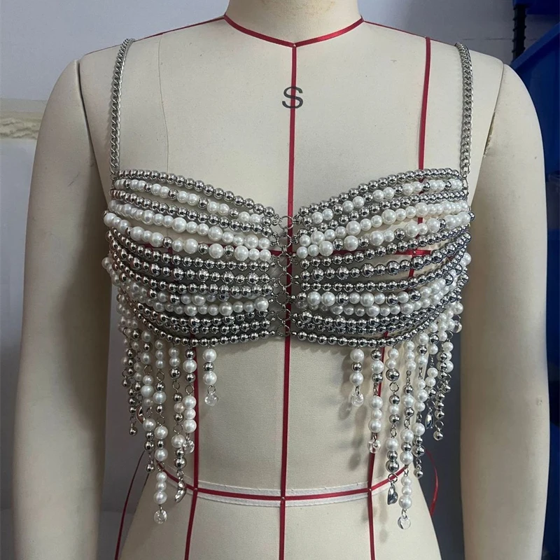 Damen-T-Shirt mit Perlen-Strass-Körperkette, sexy Neckholder-Crop-Top mit Perlen, Brustkette für Nachtclub, Party, Strand, Damen-Top – Detail 4
