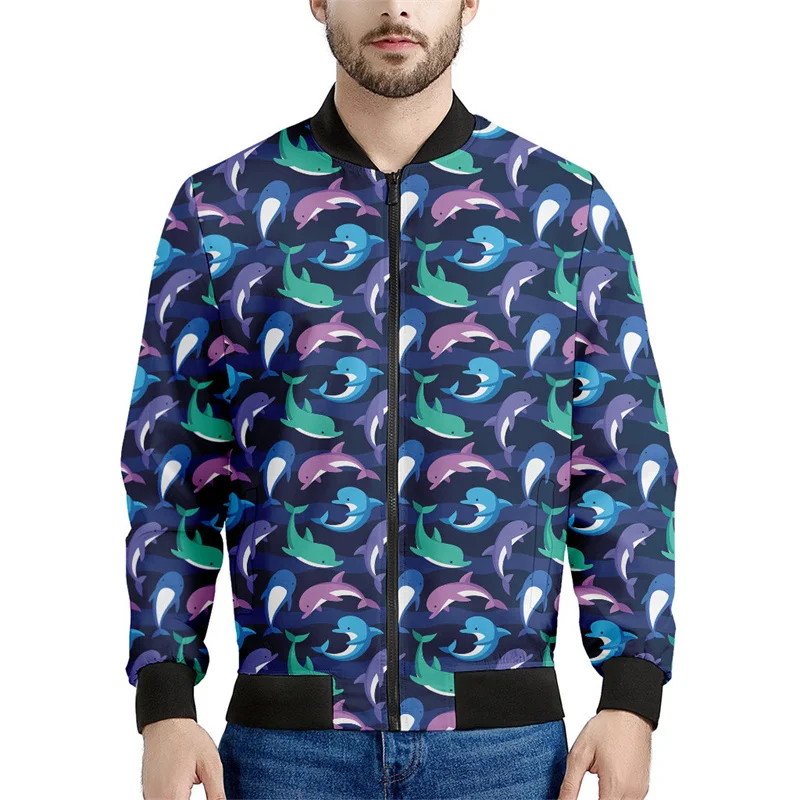 Cute Dolphins Graphic Zipper Jackets Men Cool 3d Printed Sea Animal Fish Sweatshirt Kids Casual Bomber Jacket Long Sleeve Coat