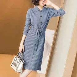 Loose Pullover Sweater Dress Lace-UP 2026 New Spring Size XXXL High-End Turn-Down Collor Long Knitted Dress Women's Autumn Dress