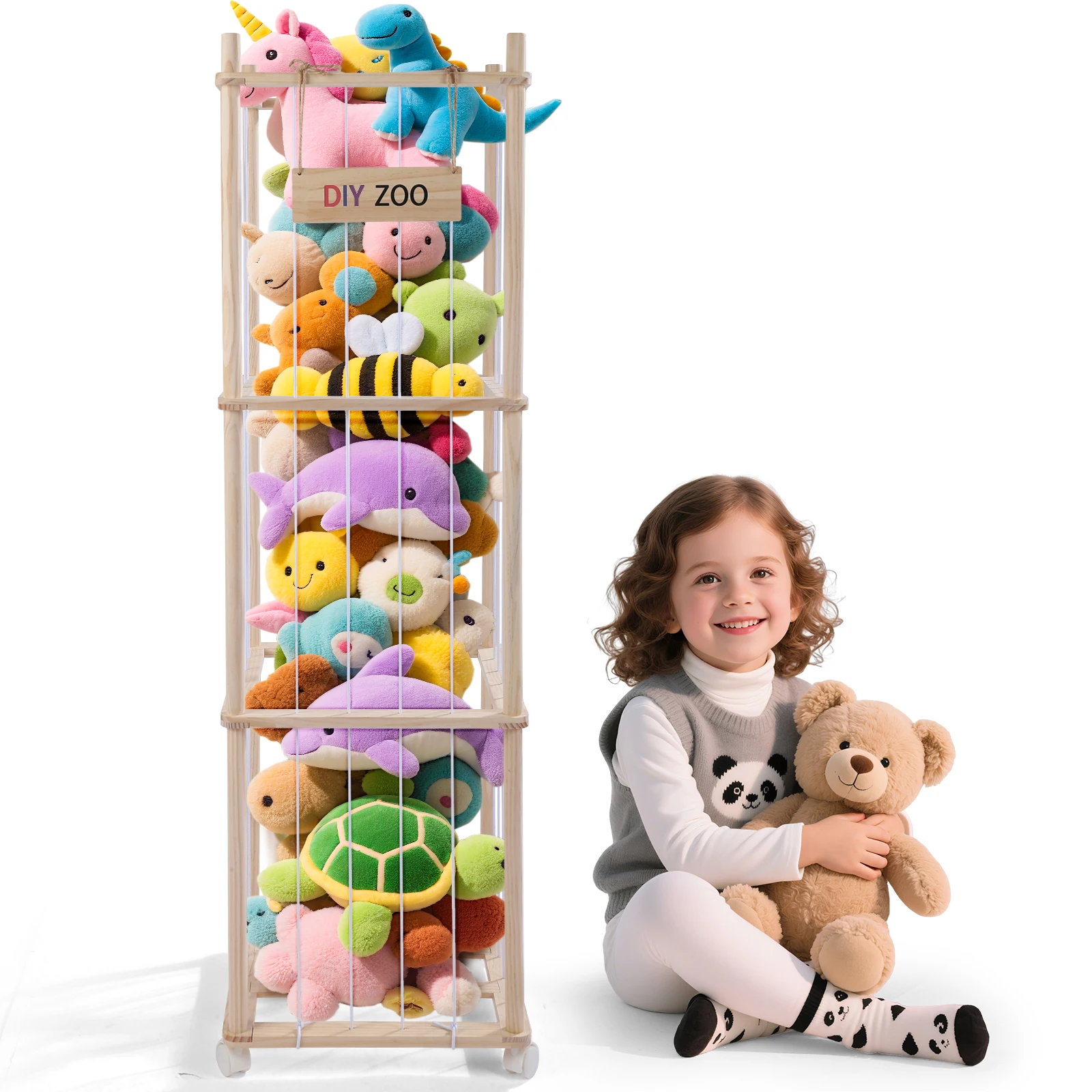Stockage de jouets en peluche en bois, rangement de jouets en peluche avec 360 °   Roues équipées de frein, rangement de jouets en peluche 138 x 41 x 41 cm