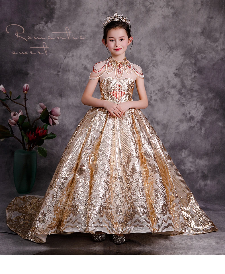 

Girls Stage Dress Host Bronzing Luxury Princess Sequins Tailing Party Gold Children